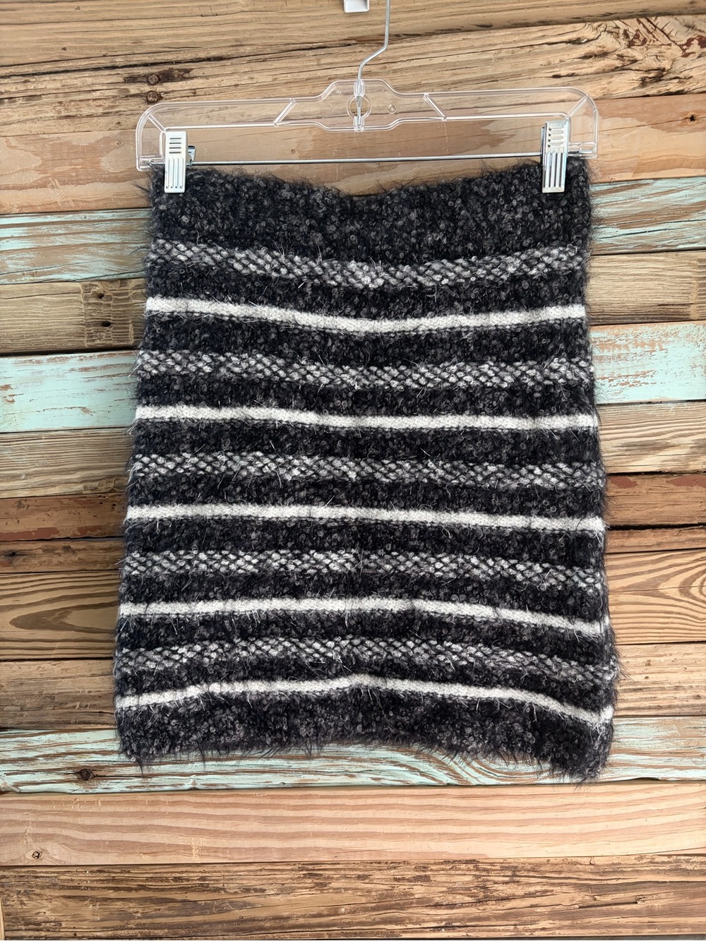 Zara Fuzzy Bouclé Knit Mini Skirt S Black Gray Striped Warm Winter